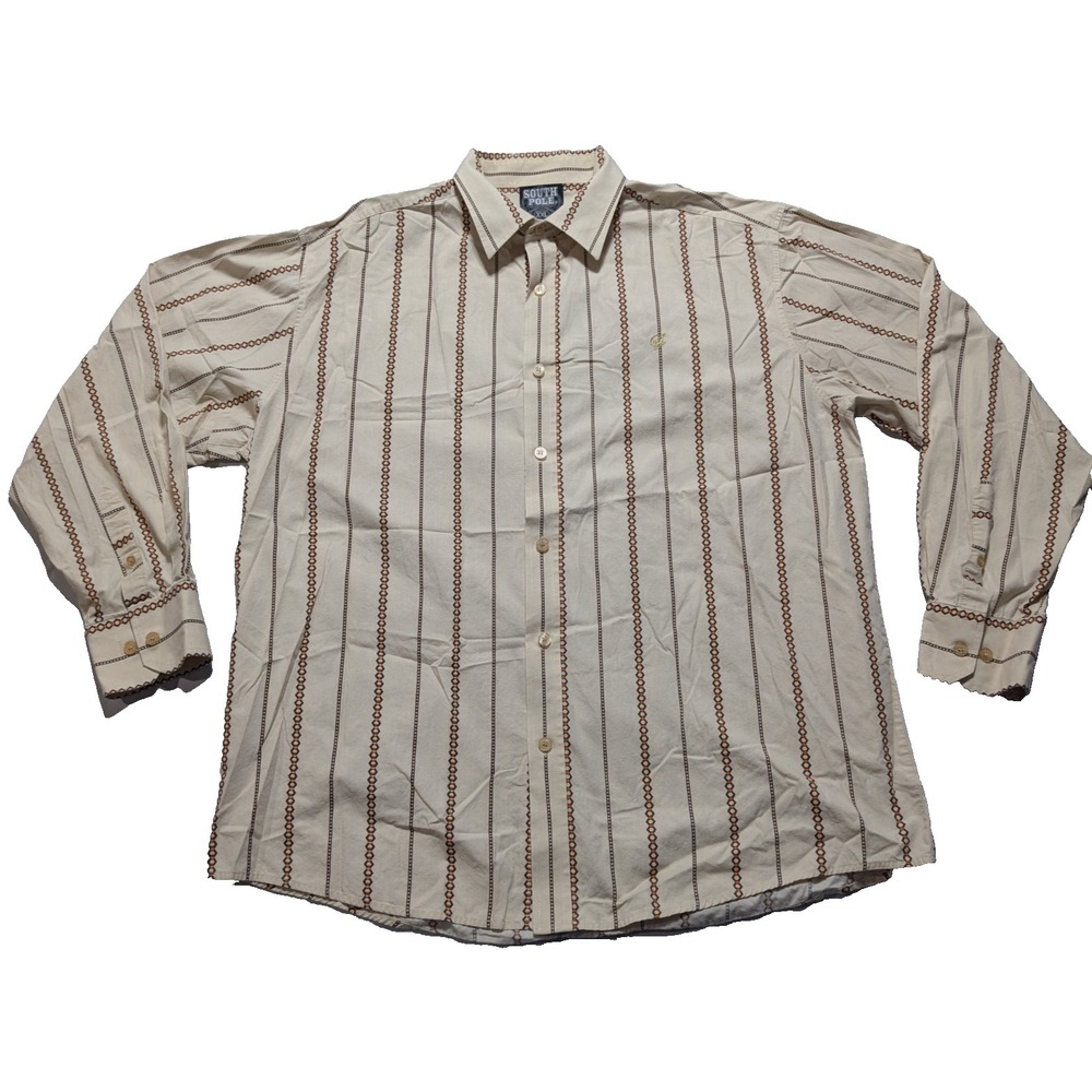 VTG Y2K SOUTH POLE - Men 2XL Khaki Geo Stripe Cotton Button-Up Shirt